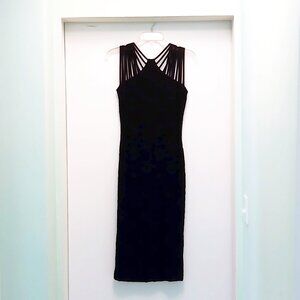 'Gwen' Black Strappy Stretch Lace Bodycon Midi Dress ~ An Art Deco Dream ! Sz M